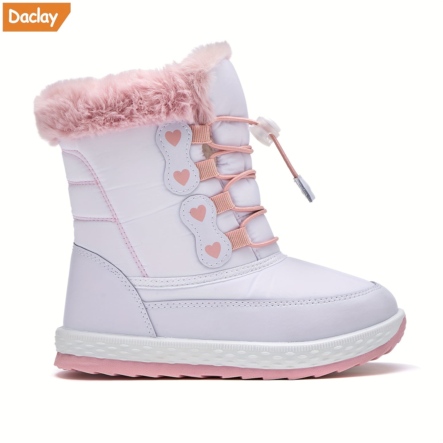 DACLAY Boys & Girls All-Weather -like Snow Boots - Lace-Up High-Top Winter Boots with Lacing System, White/Pink/Clear Strap & Heart Buckle, PU Sole & Arch for Girls & Boys ( to Youth) - All-Season Outdoor Shoes for Ice, Snow,