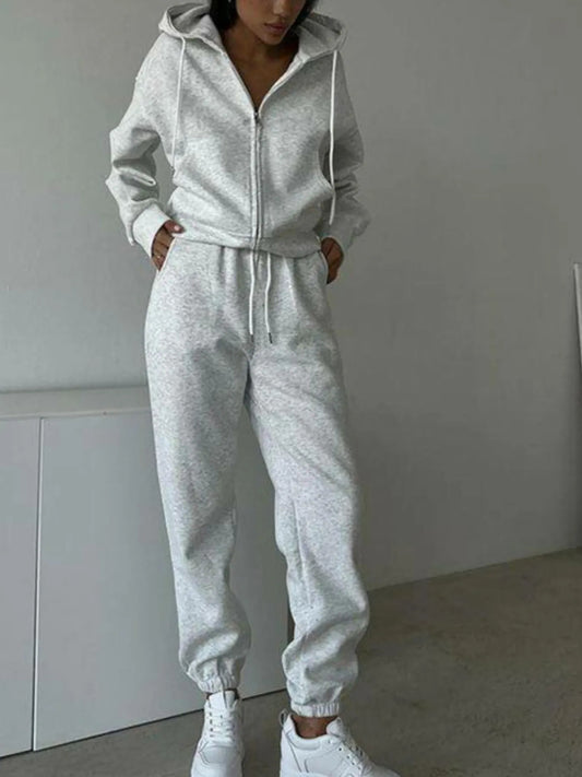 Zipper Hoodie Set- Solid Color Long Sleeve& Drawstring Pants Women's Casual Outfit
