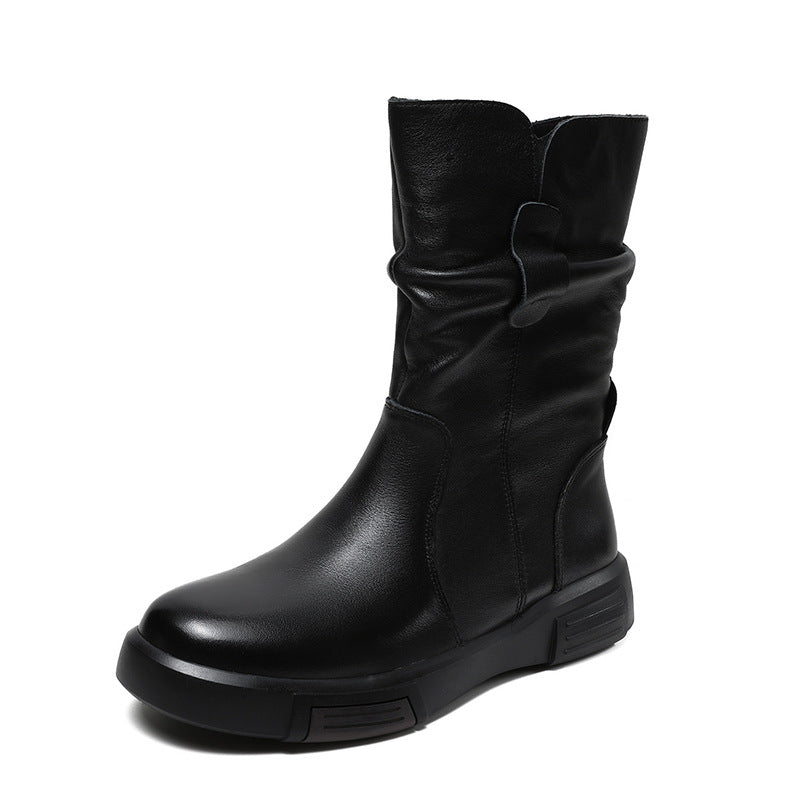 Women's Genuine First-Layer Cowhide Boots - Fleece-Lined Mid-Calf Chelsea Ankle Boots with Round Toe & Zipper Closure, Solid Color Casual Winter Boots for Cold Weather (Rubber Sole) - New Style for Autumn and winter footwear