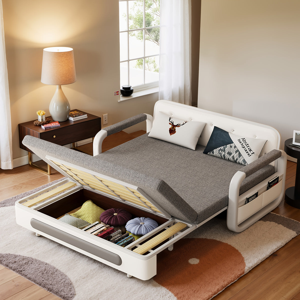 NessCarsti 3-in-1 Convertible Sofa Bed with Storage Cabinet - Space-Saving Sleeper Sofa, Modern Linen Upholstery, Sturdy Hardwood Frame - for Small Apartments, Living Room, Bedroom - No Assembly Required, Easy Conversion Betw