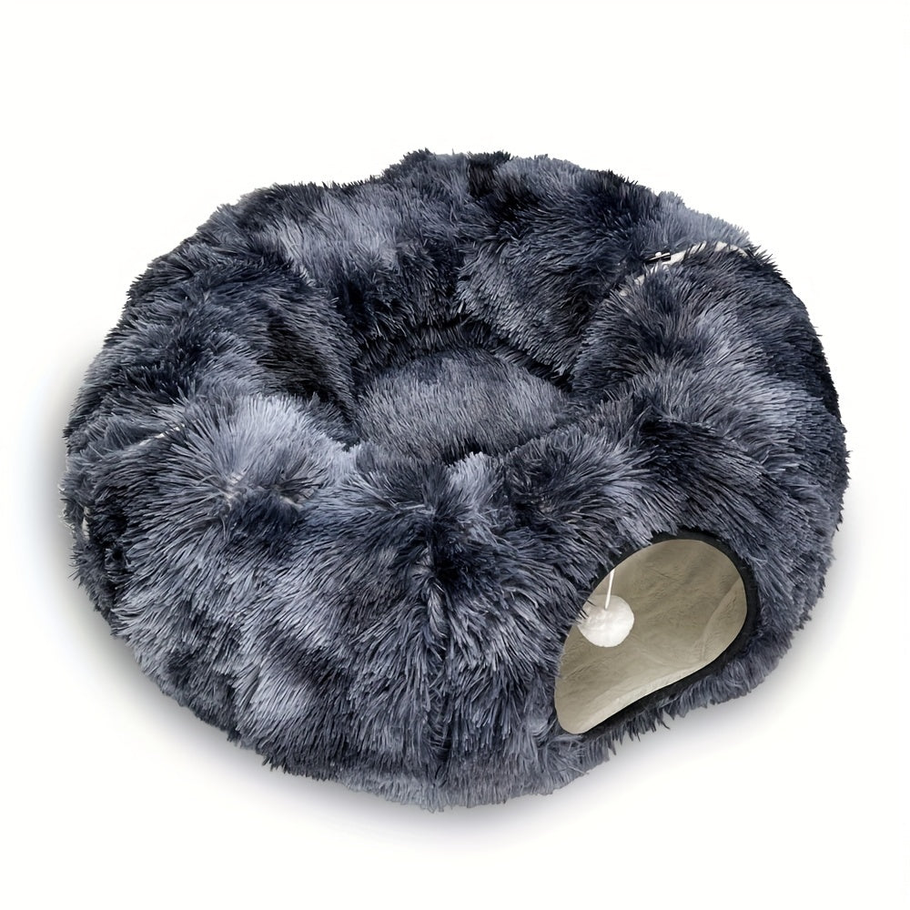 [Cozy Nest for Cats] 2-in-1 Plush Cat Tunnel Bed | Winter Warm Donut-Style Cozy Nest, Enclosed Hideaway with Peekaboo Hole & Hanging Pom Pom Toy, Extra Thick Soft Pet Bed for Anxiety Relief, Deep Sleep, Non Slip Bottom, Multi
