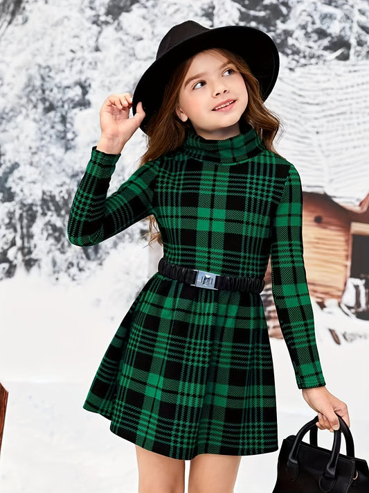 Girls' High-Neck Long Sleeve Plaid Dress - Stretchy Slim Fit Winter Dress with Green & Black Checkered Pattern, Casual Fall/Winter Outfit for Youngsters & Youngsters, Youngsters Winter Wear, Youngsters Fashion, Medium Elastic