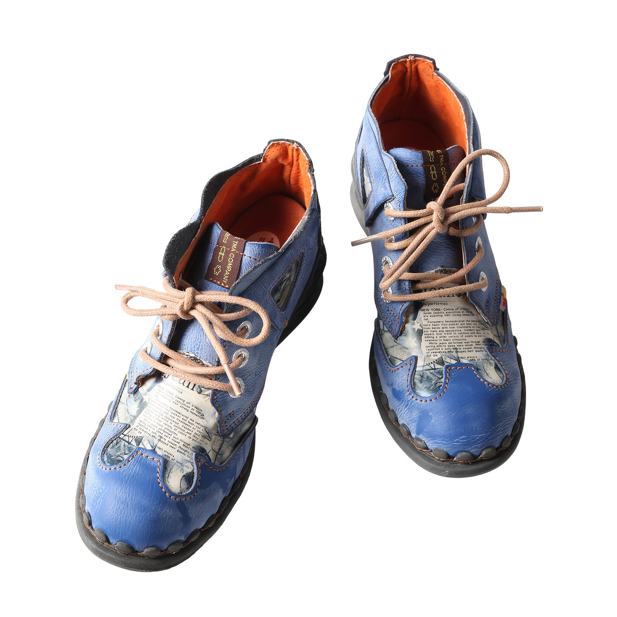 TMA EYES Autumn And Winter American Retro Made Women'S Short Boots With A Cowhide Top, Spliced Newspaper Print, Suede Leather, Thick Heel, Tie Up, Commuting Street Style, Versatile Riding Boots