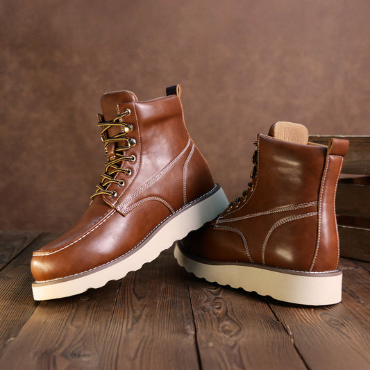 Men'S Boots- Lace Up Square Toe Chunky Heel Ankle Cowboy Boots, Comfortable Daily Wear Ankle Boots, Retro Classic Short Botas Walking Shoes