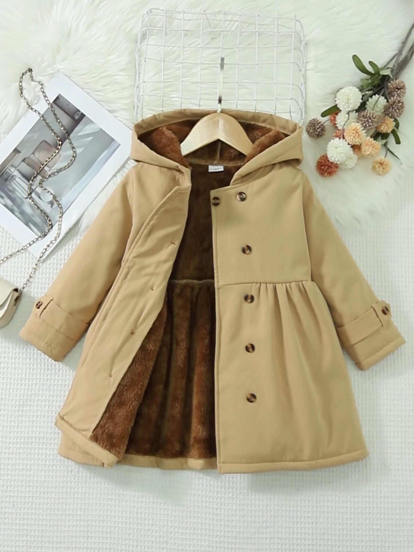 [Girls' Hooded Coat] Mystic Thought Girls' Casual Double-Breasted Hooded Coat with Full-Zip Front, Brown & Animal Print, Long Sleeve, Button-Up, Flared Hem, Non-Stretch Fabric