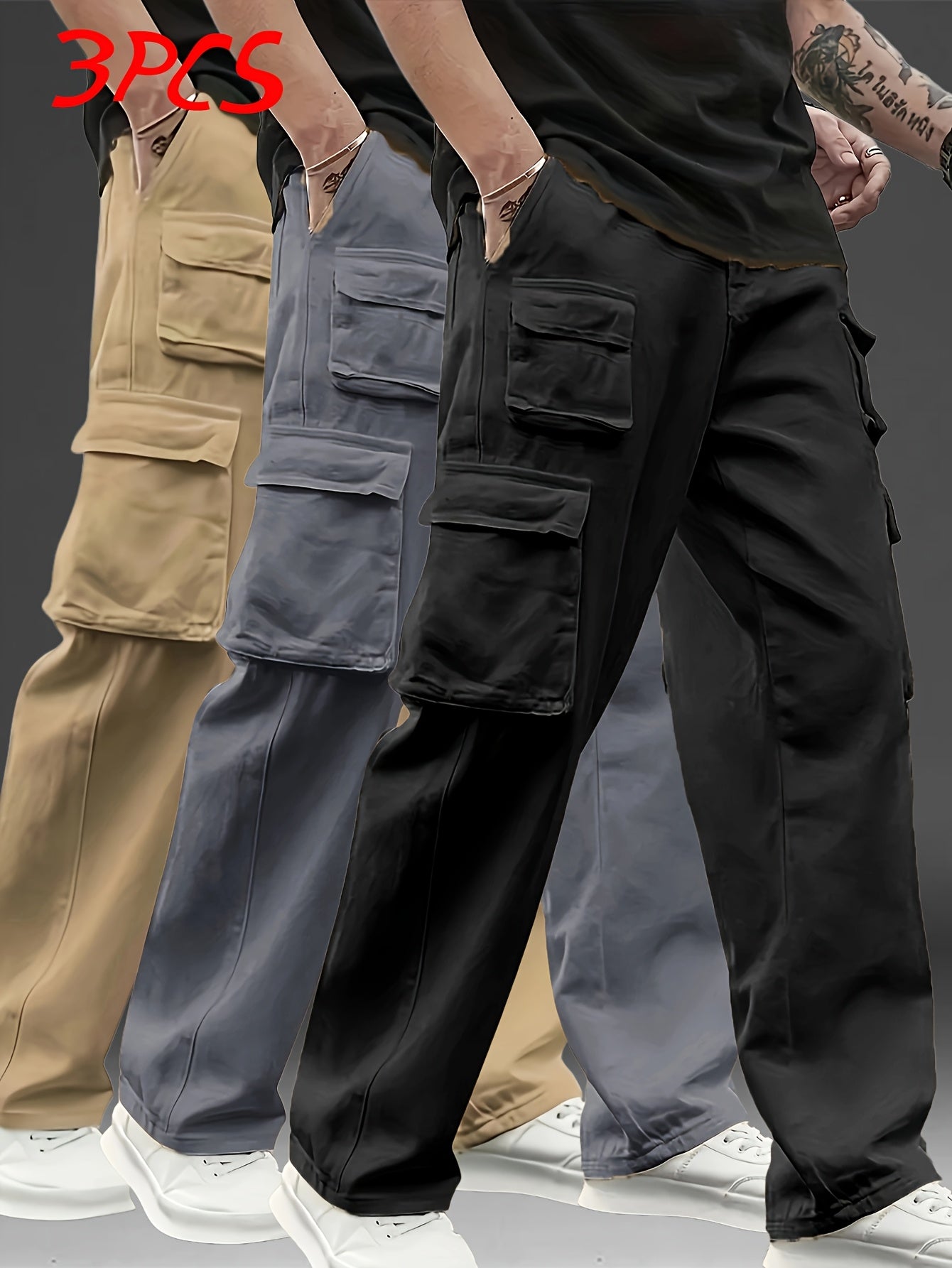 3pcs Men's Multi-Pocket Cargo Pants: Features a Trendy Loose Fit and Durable Design, Making Them Versatile Casual Work Pants Perfect for Outdoor Sports, Daily Wear, Travel, and Various Other Occasions.