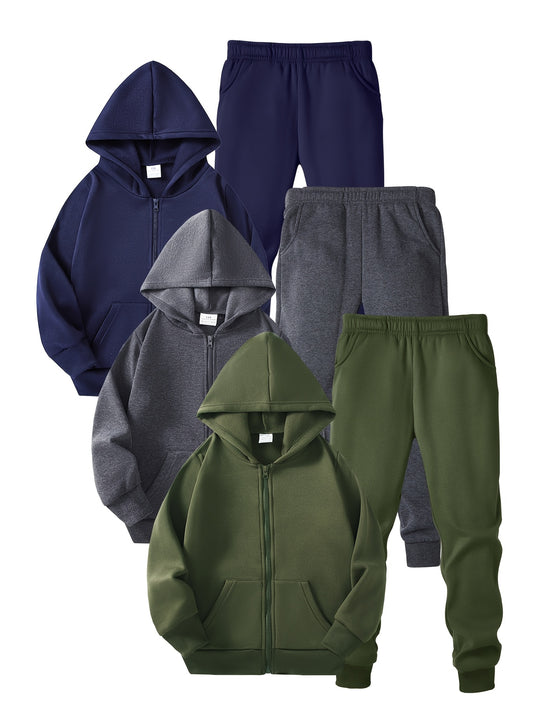 3 Sets of Boys' Solid Color Zip-Up Hoodies + Pants Set | Outdoor Sports Sweatshirt with Joggers, Casual Style, Slight Stretch Fabric, Regular Sleeve, Fall/Winter Season, for Outdoor