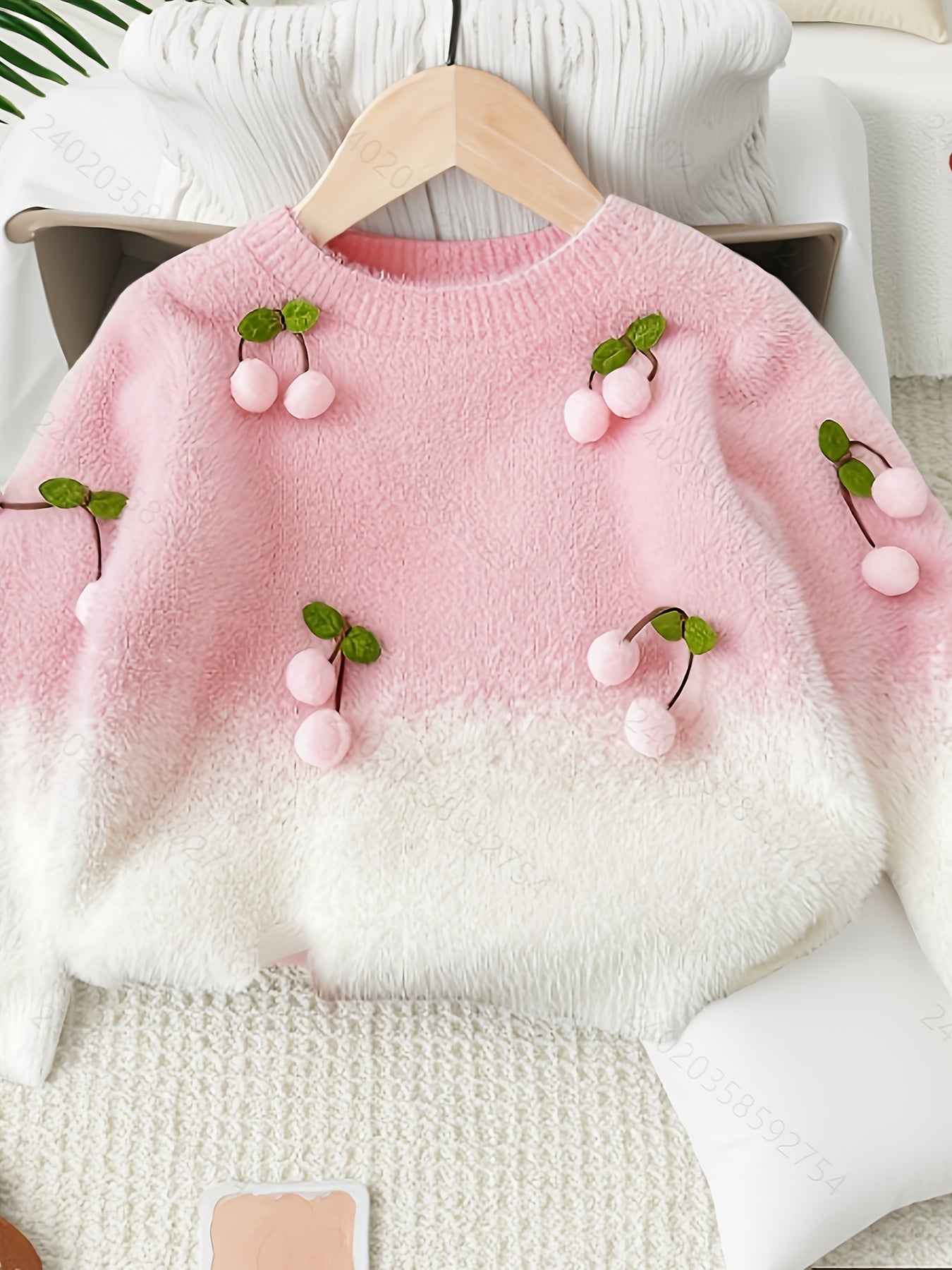Girls' Pink 3D Cherry Knit Sweater - Cozy Winter Warmth, Thickened 3-Layer Design, Long Sleeve Round Neck, Soft Acrylic & Polyester Blend, Perfect for Girls, Cute Sweaters for Girls, Winter Wear, Cute Outfit, Medium Stretch F