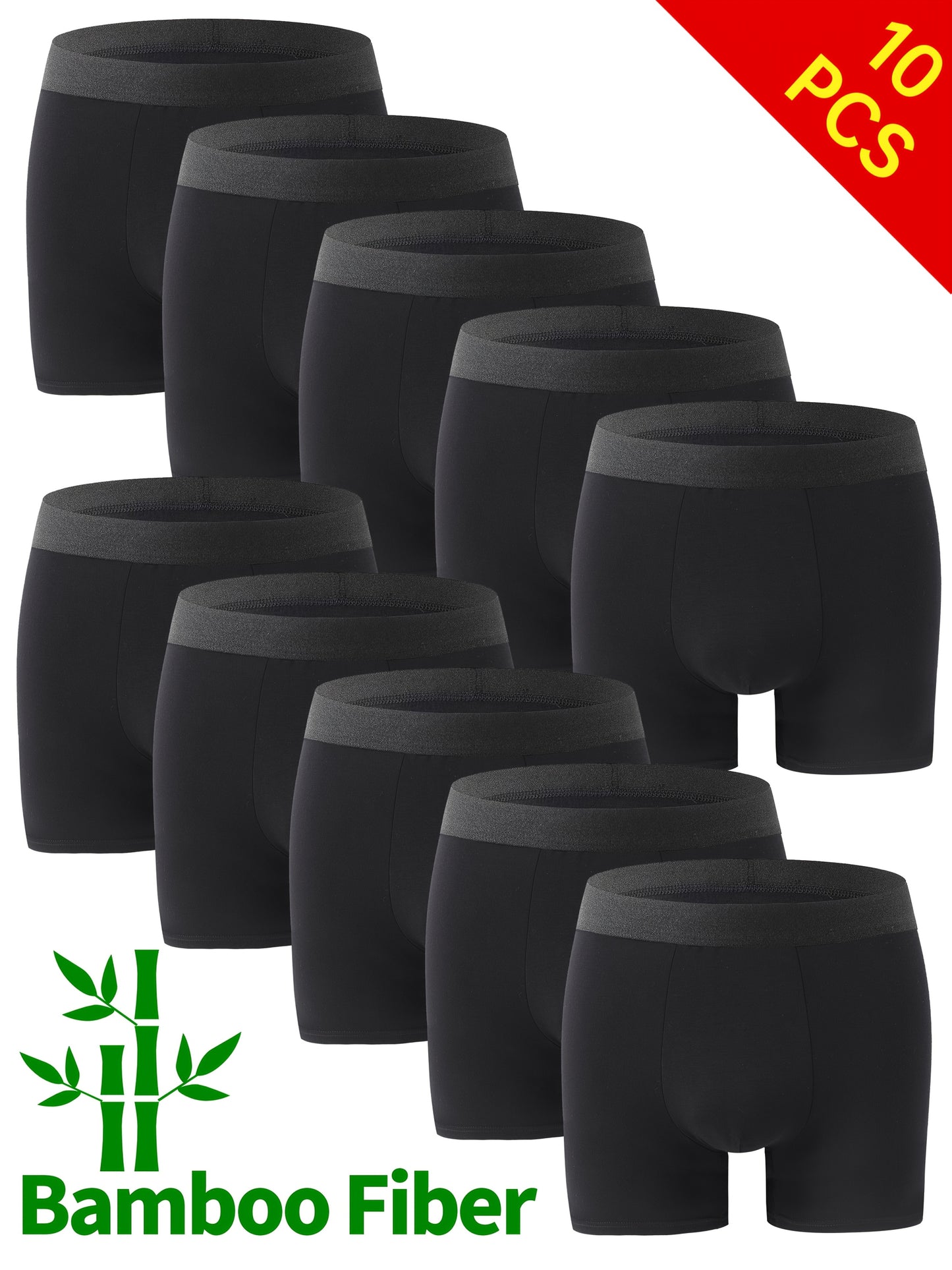 10-Pack Men's Bamboo Fiber Boxer Briefs, Black, 95% Bamboo Fiber 5% Spandex, for Sports & Casual, Soft Skin-Friendly Sweat-Absorbent Breathable, All-Season Wear