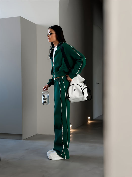 Women'S Two-Piece Set with Zipper Cardigan Jacket and Sports Drawstring Pants - Green and White, Casual Style, Spring/Fall Fashion, Casual Wear|Casual Style Jacket|Zippered Jacket