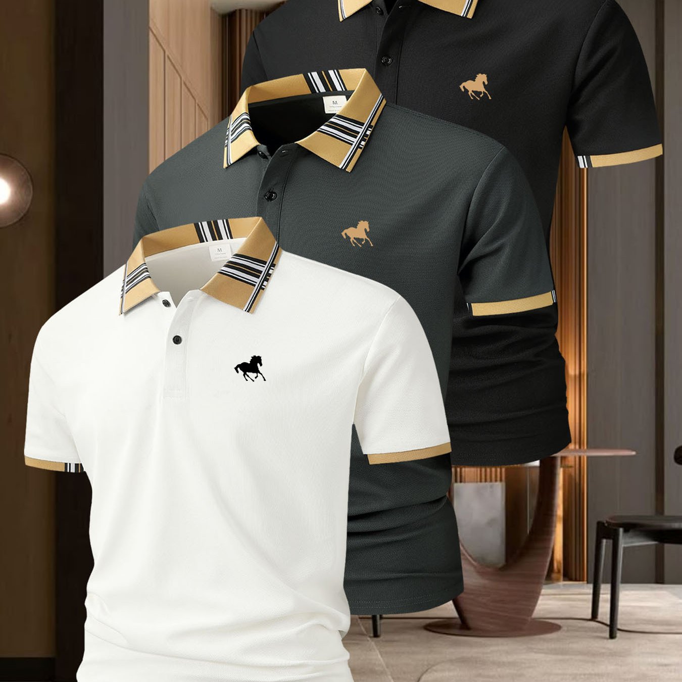 (AA046 Right Horse Racing Print Three-Piece Set) Milanese British Style Men'S Casual Short-Sleeved Shirt Popular Plaid Collar Golf Clothing Men'S Outdoor Sports Polo Shirt Lapel Polo Shirt Men'S Polo T-Shirt