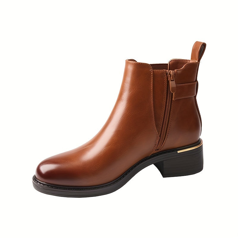 TMA EYES Women's Round Toe Short Boots with Thick Heel & Golden Buckle-Like Strap - Brown Faux (PU) Upper, TPR Sole, Side Zipper - Winter s for Jeans, Dresses, Casual & Formal Wear - Versatile Booties