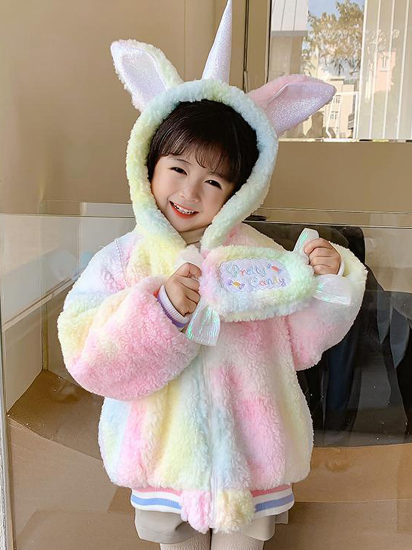 2pcs Girls' Fleece-Lined Thickened Winter Coat & Cartoon Bag Set - Color Block Hooded Jacket with Plush Lining, Zipper Closure, Soft Pastel Pink &, Cozy Casual Outerwear for Fall/Winter, Cute Everyday Outfit for School & Play