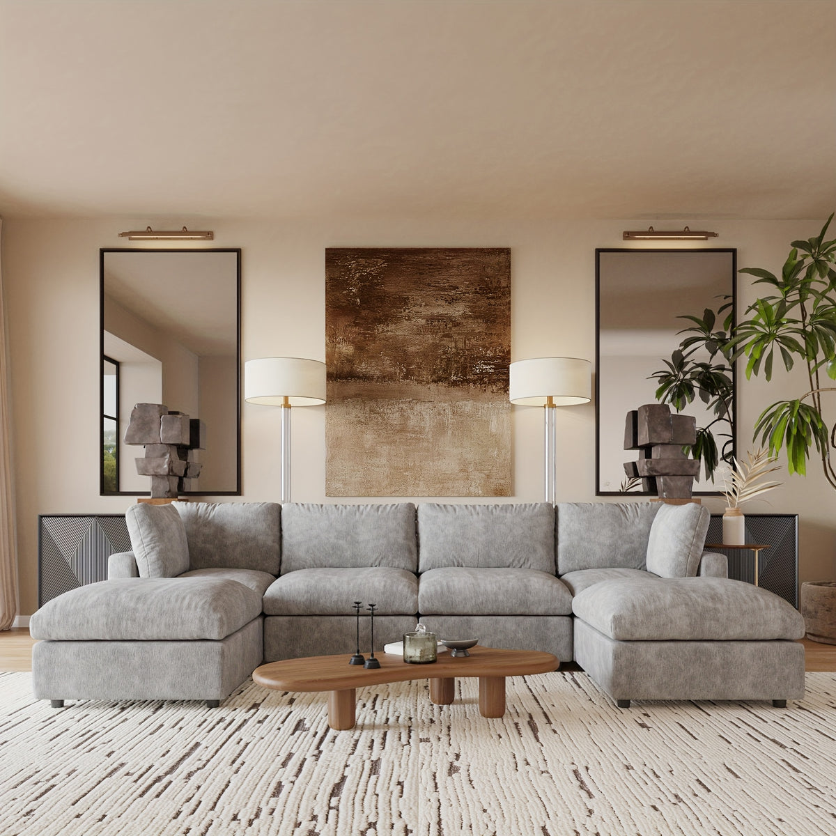 [Cloud Couch Sectional] Oversized Modular Cloud Couch Sectional Sofa | 134" U-Shaped Convertible Living Room Set with 2 Ottomans, Washable & Replaceable Covers