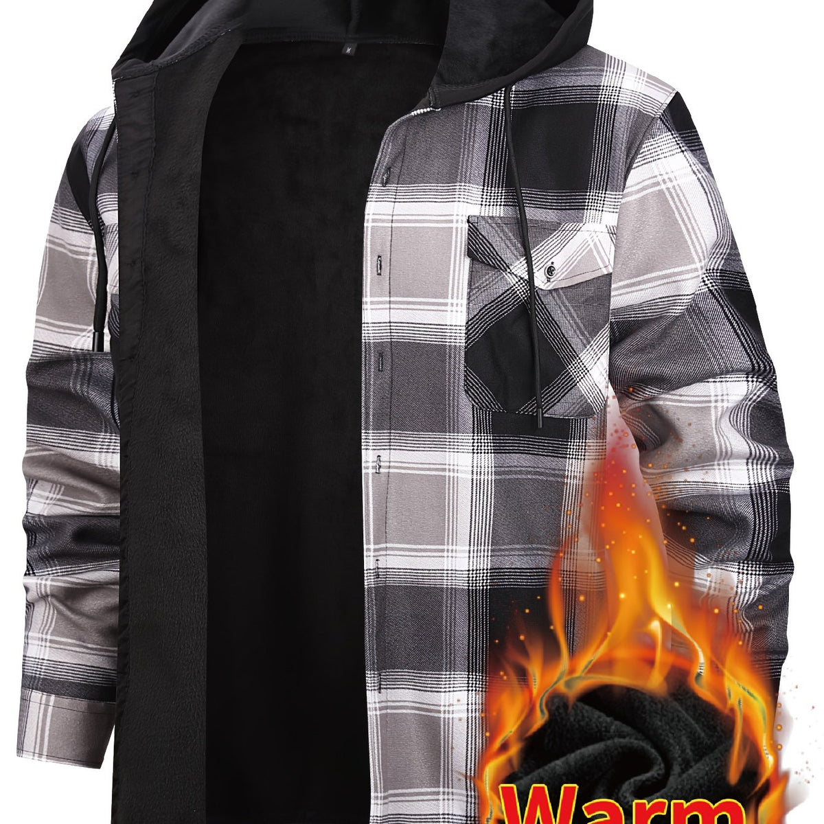 Men's Winter Plush-Themed Hooded Shirt Jacket - Thickened Button-Front Outdoor Coat with Pockets, Loose Fit Casual Blazer (Hand Washable, Fall/Winter) | European/Emerican Sizing for Cold Weather Layering