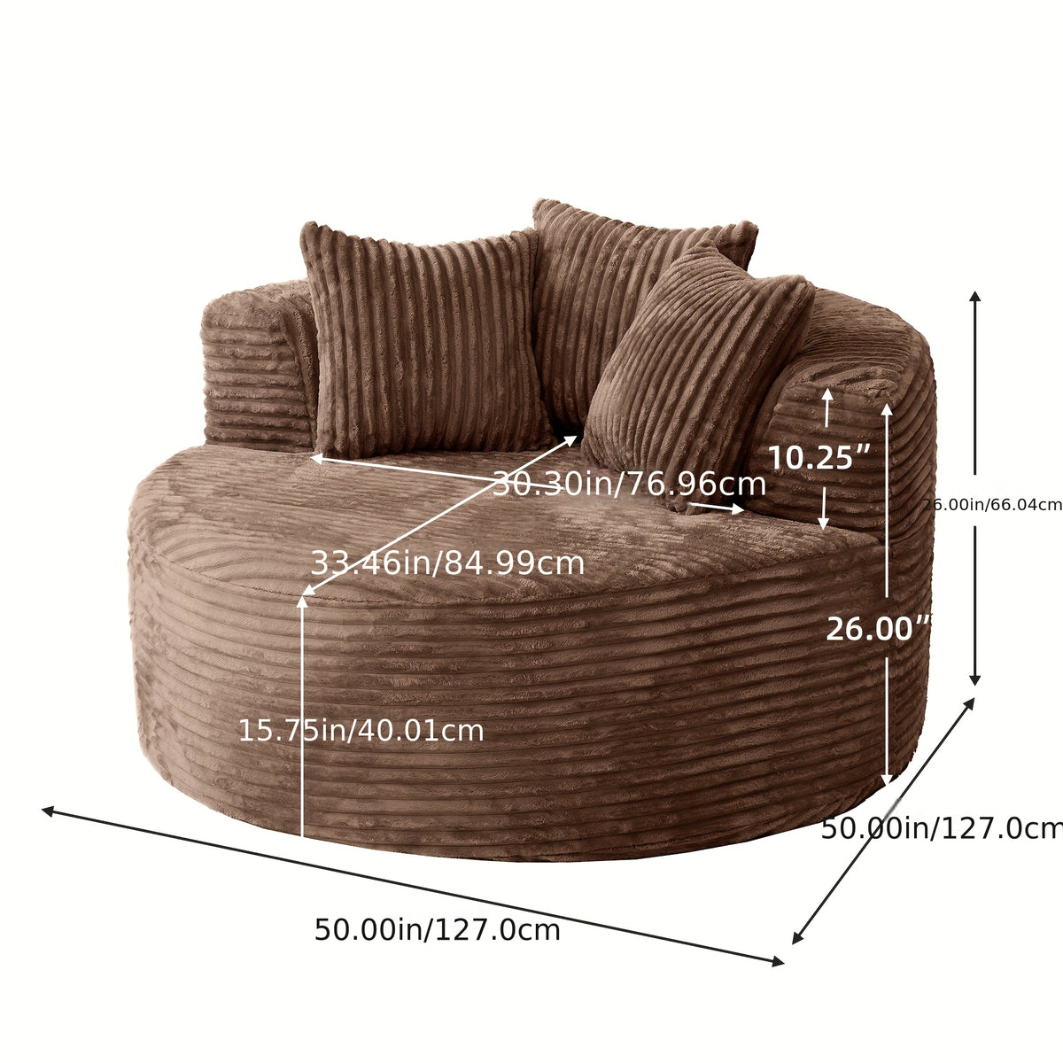 50" Oversized O-Shape Modular Boneless Chaise Couch - Plush Corduroy Fabric Sofa Bed with Ergonomic Design & Built-in Pillows, No Assembly Required, Brown Bean Bag Sleeper Sofa for Living Room, Game Room, Dorm - Easy-Clean Du