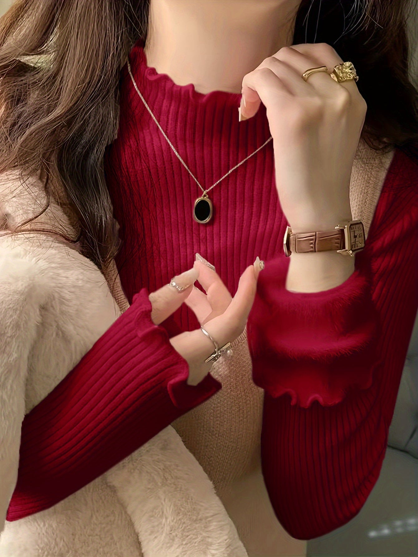 Solid Color Autumn Winter Early Spring Half High Neck Ruffle Fleece Lined Knit Sweater