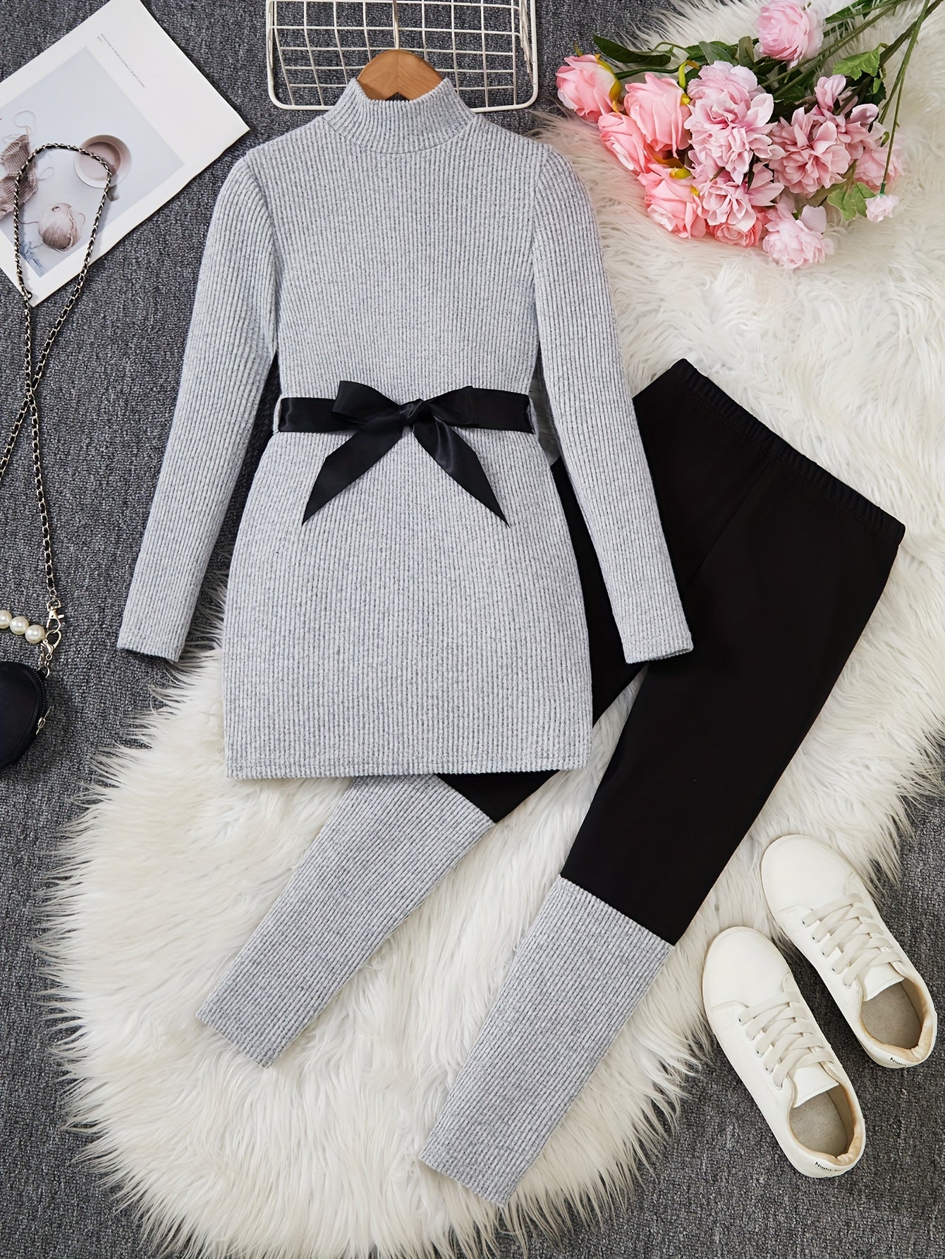 [Perfect for fall winter wear] 2pcs Girls' Autumn/Winter Set: High-Neck Long Sweater Dress with Contrast Patchwork Leggings - Fashion Casual Minimalist Style for Daily Outdoors, School Gathering, Back-to-School Season Fall Wi