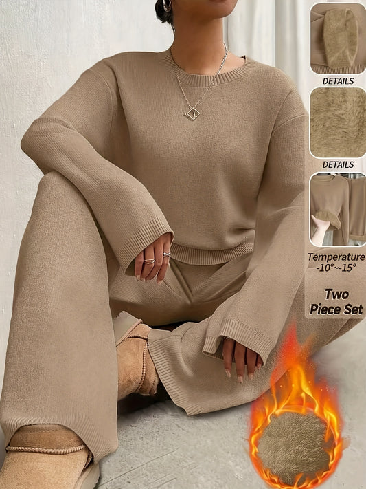 Ladies' Two-piece Set Of Pure Color Elegant Off-shoulder Sweater And Pants Suit.