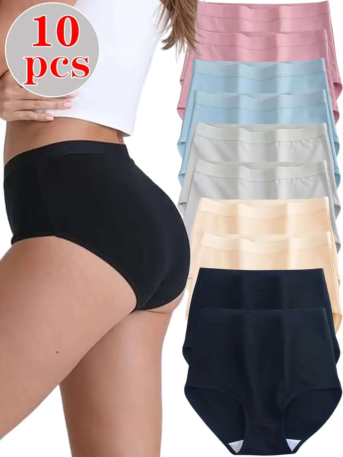 10pcs XORELR Women'S High Waist Tight Pants - Soft Full Coverage Underwear with Mid-Rise, Bohemian Style & Fake Pockets, 10 Solid Colors (Black, Pink, Beige, Light Blue, Dark Blue, Gray, White, Light Green, Mint Green, Navy)