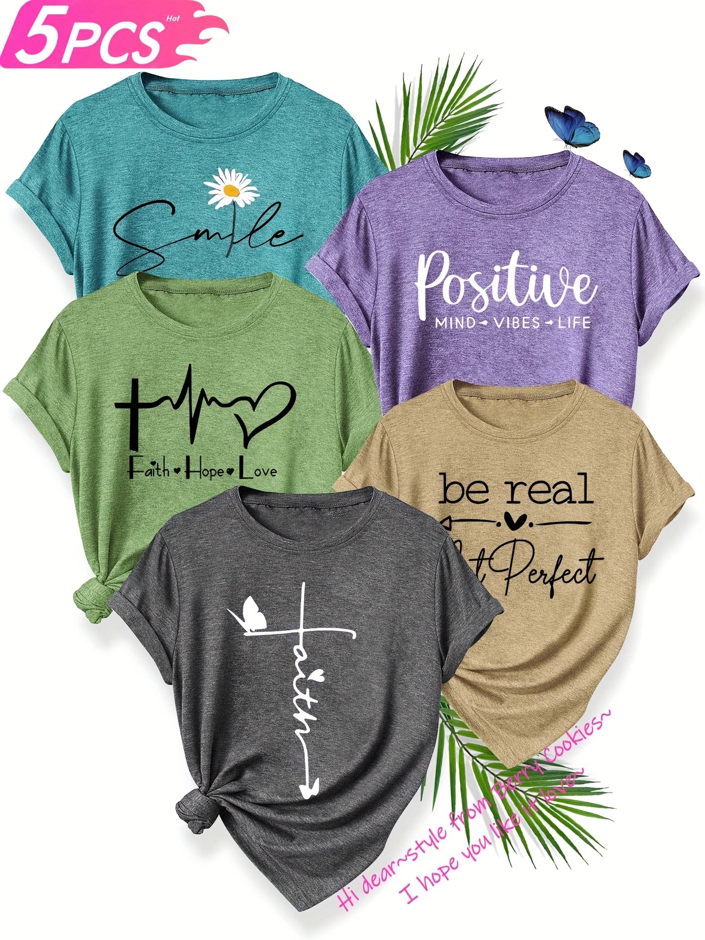 5pcs Women's T-Shirt Set, "Be Real" & "Smile" Inspirational Quotes, Heart & Flower Designs, Soft Polyester, Round Neck, Short Sleeve, Spring/Summer/Fall Casual Wear, Sizes S-XXL, Spring Summer Apparel, Playful Graphic Tees, M