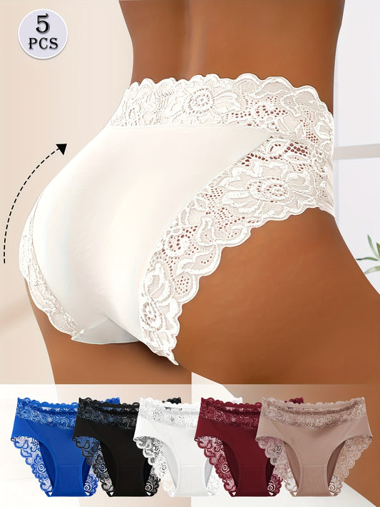 5pcs Women's Floral Lace Design Triangle Panties - Elegant, Breathable Mid-Rise Underwear with Geometric Patterns, Comfortable & Stylish for Casual Attire, Romantic Holidays, and Special Occasions