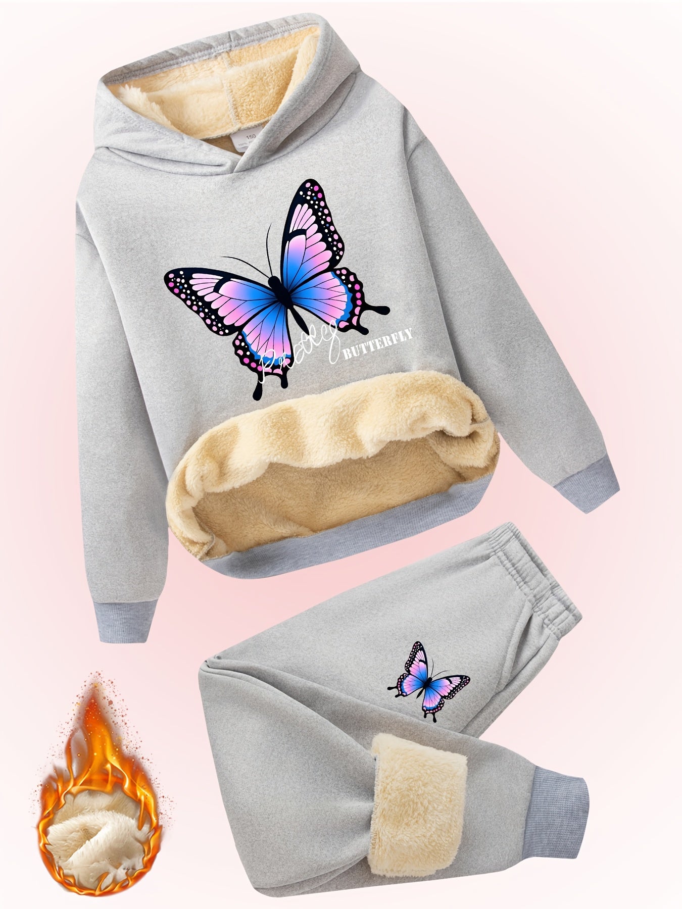 2pcs Girls' Butterfly Print Fashionable Versatile Hoodie + Pants Set, Winter Plush Lined Warm Comfort Casual Outfit for Daily and Outdoor Activities, Perfect for Outdoor