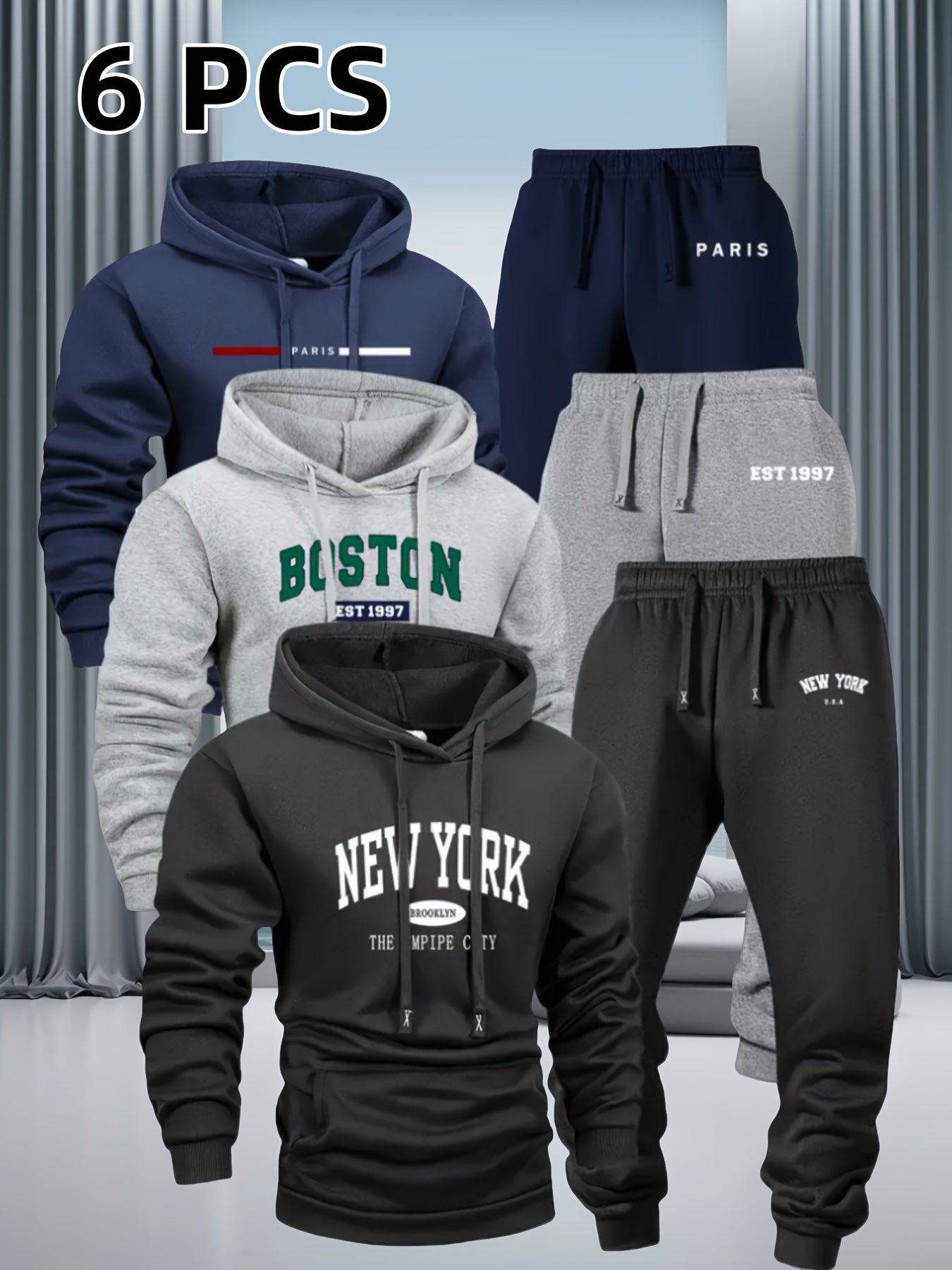 6pcs Men's Winter Warm Sportswear Set with City Print Hooded Jacket & Pants - Soft Gym Suit for Jogging, Training, Yoga | Machine Washable Outdoor Athletic Wear | Pocket Design (No Belt Needed) | Spring/Fall/Cold-Weather Clot