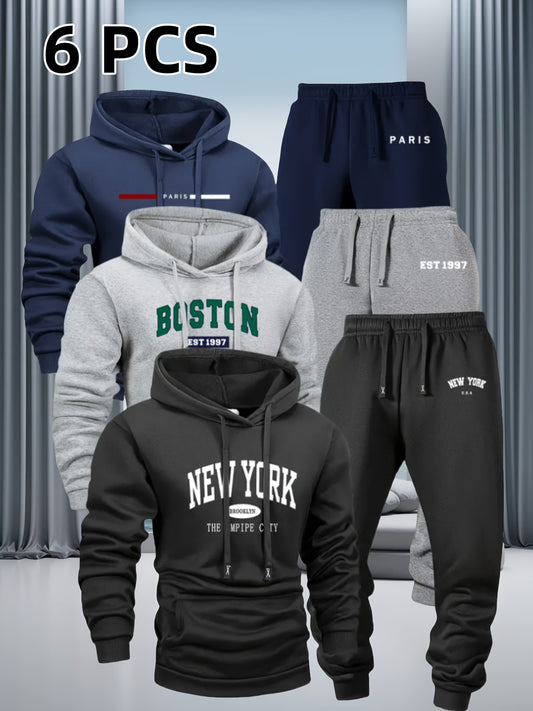 6pcs Men's Winter Warm Sportswear Set with City Print Hooded Jacket & Pants - Soft Gym Suit for Jogging, Training, Yoga | Machine Washable Outdoor Athletic Wear | Pocket Design (No Belt Needed) | Spring/Fall/Cold-Weather Clot