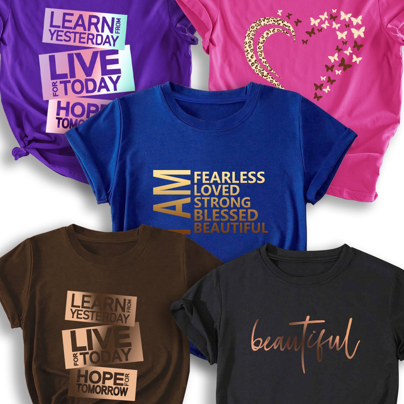 [Casual T-Shirts] 5pcs Women's Casual Crew Neck T-Shirts - Polyester, Short Sleeve | Inspirational Print Tee | Comfortable Fit Tee, All-Season, Round Neck