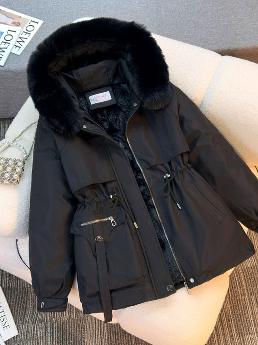 Women's Cold-Weather Fleece-Lined Fur Collar Parka Coat - One-Piece Winter Jacket with Pockets, Solid Color Casual Outerwear (No /Hoop Ears/Short Sleeves) for Extreme