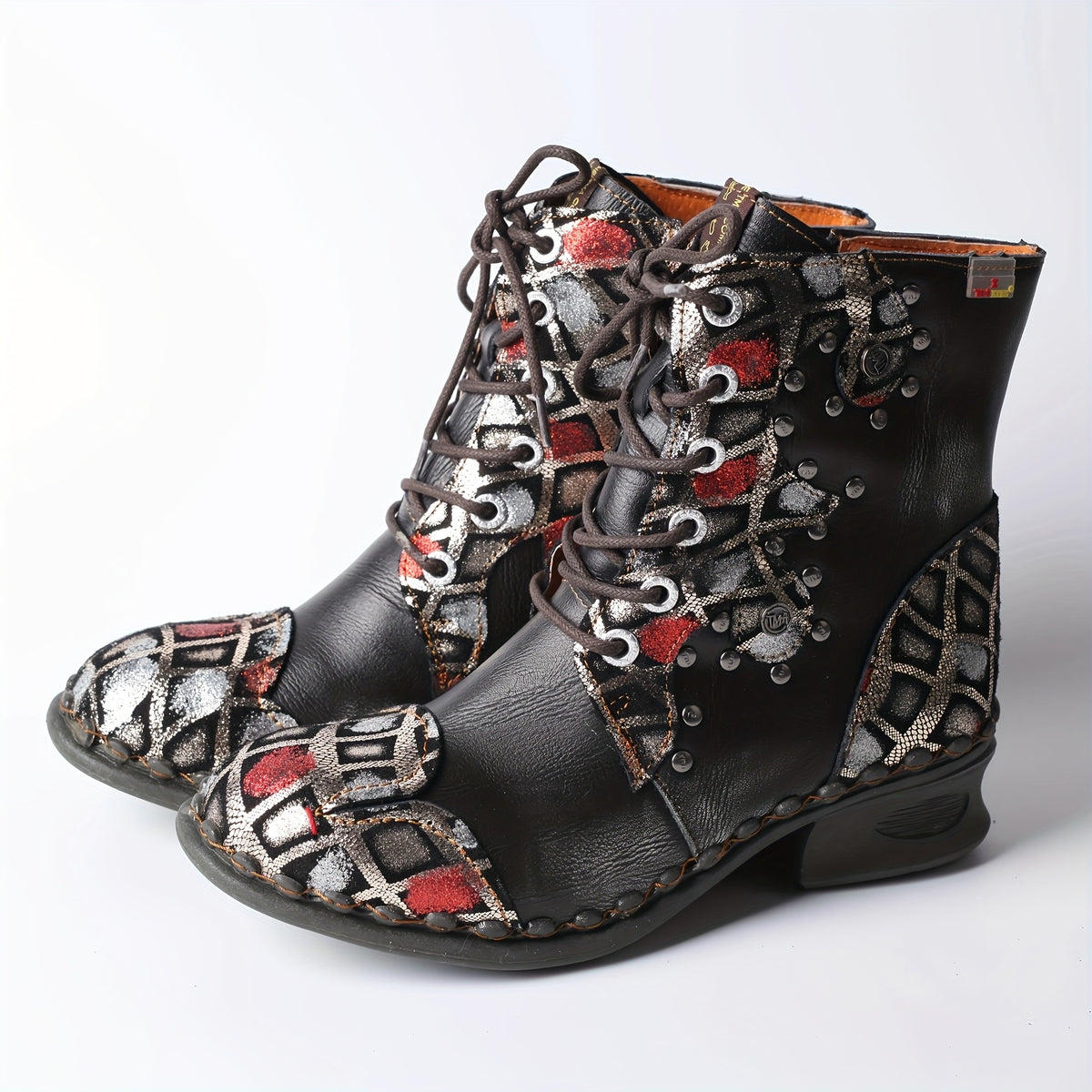 TMA EYES Women'S Western Style Low Heel Ankle Boots with Lace-Up Closure, Round Toe & Flat Sole - Genuine Leather Upper, TPR Sole, Black with Red & White Patchwork Design for Casual & Travel, Cowgirl Boots