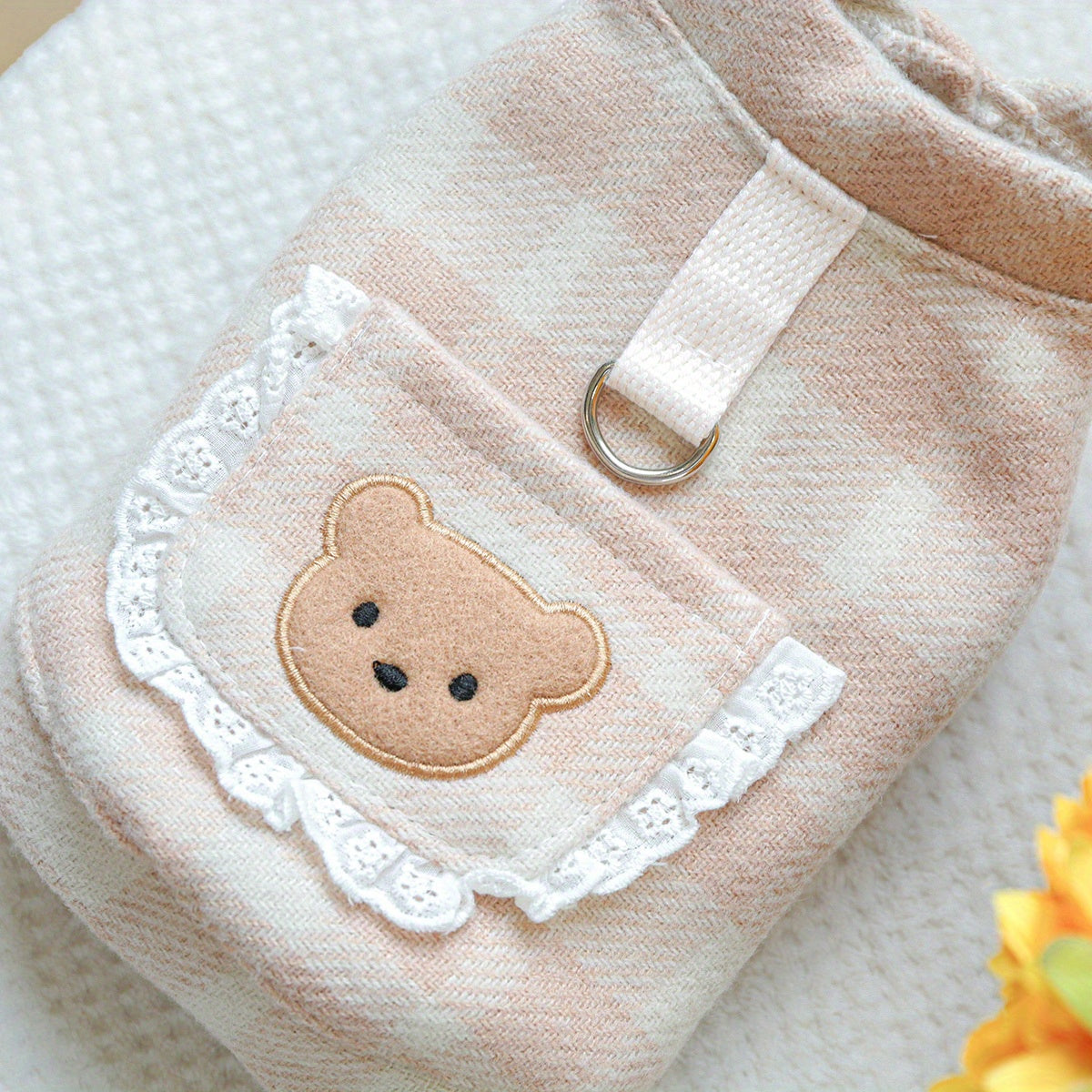 Pink Plaid Dog Jacket with Teddy Bear Buttons & Lace Trim - Soft Warm Winter Coat Suitable for Small Pomeranians, Chihuahuas, Shih Tzus, Poodles - Snap-On/Pullover Pet Sweater for Puppies & Small Dogs (Zipper or Button Closur
