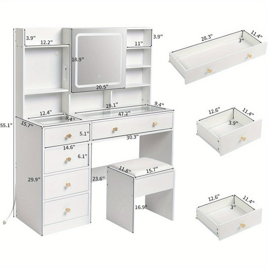 Makeup Vanity with Mirror Bedroom Vanity Desk Large Vanity Set with Transparent Desk, Drawers, Cabinet, Shelves for Storage in Bedroom, Pink