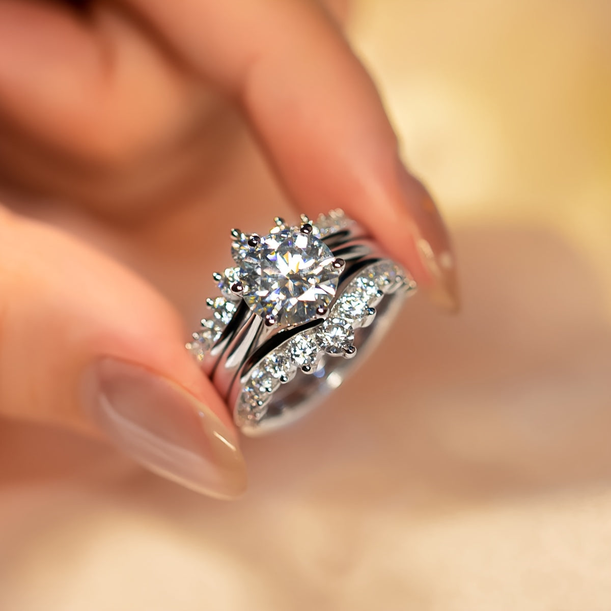 1pc S925 Silver 3 Carat Moissanite Combination Ring Sterling Silver Fashion, Suitable For Birthday Fashion, Wedding And Holidays, Suitable For Men And Women