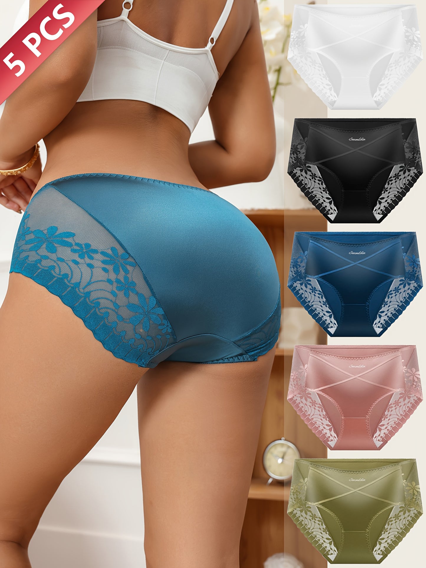 5pcs Floral Lace Panties - Luxe Satin Women's Underwear for Women, Stretchy Mid-Rise Briefs, Breathable And Sexy,  Daily Underwear Essentials, Satin Underwear, Floral Lingerie, Contrast Lace Detail, Cheeky Cut Style, Breathab