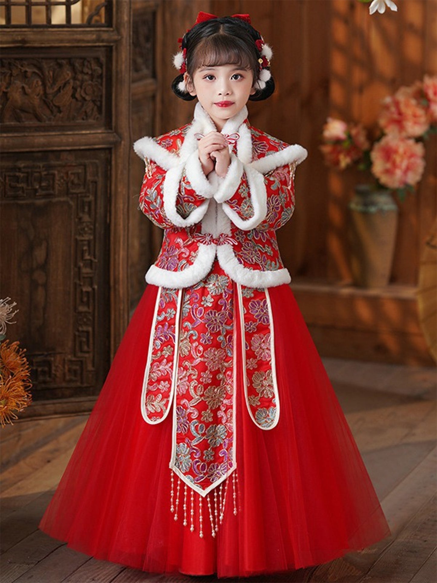 Girls' Traditional Chinese New Year Dress - Winter Warm Fleece-Lined Princess Dress with Tassel Hem, Vibrant Red & Golden Geometric Pattern, Zipper Closure, All-Season Elegant Party Outfit for Lunar New Year Celebrations