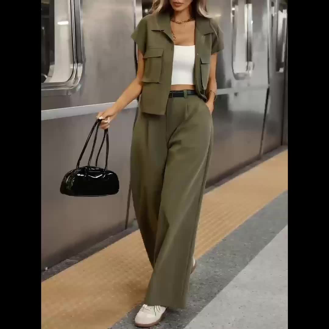Women's Casual Solid Color Shirt and Pants 2pcs Set • Spring Summer 2pcs Set: Solid Color Button-Up Short Sleeve Top and Pocket Pants • Women's Casual Elegant Spring Summer 2pcs Outfit • Women's Outing and Date Wear •