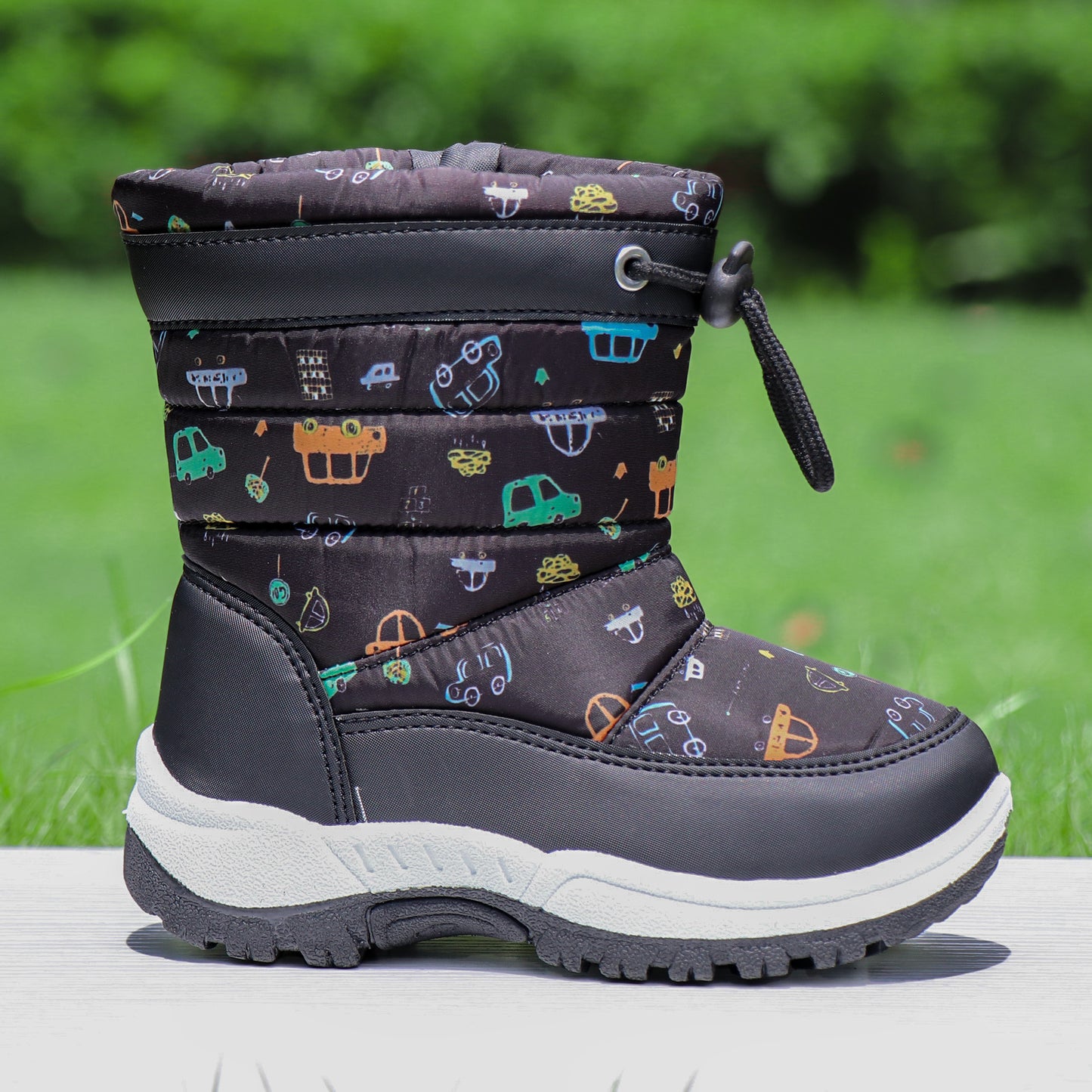 DACLAY Girls' & Boys' Snow Boots - High-Top Winter Warm Jacket-Like, Slip-On/Ratchet Closure, Rubber Sole Traction, All-Terrain Vehicle (ATV) & Car-Themed Snow Booties for, Cold Weather Outdoor Shoes