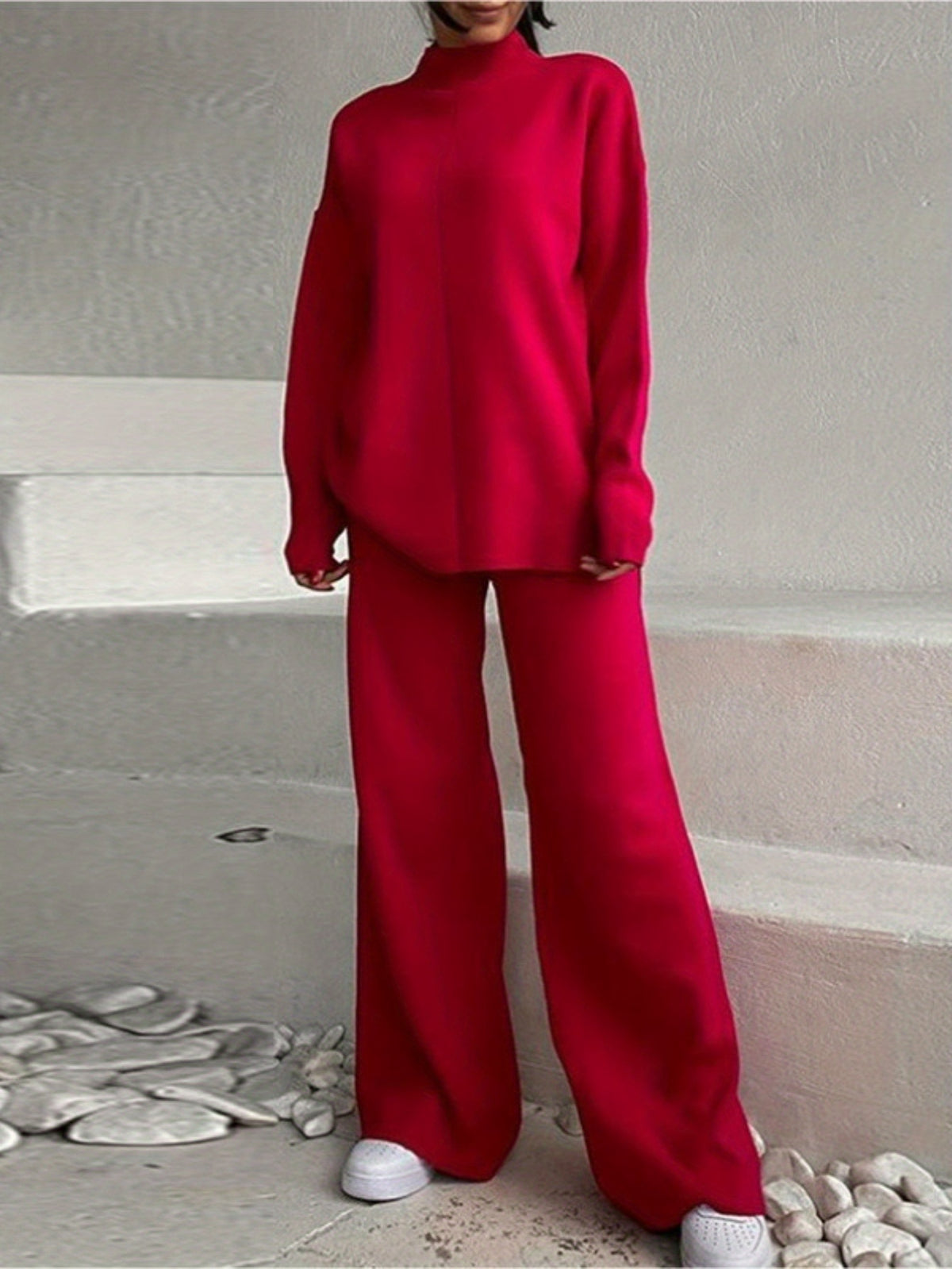 Women'S Elegant Half-Turtleneck Sweater & Pants Two-Piece Set - Oversized Loose-Fit H-Line Silhouette, Soft Stretch Sweater with Asymmetrical Neckline & 3/4 Sleeve, Solid Color Winter Warmth, Casual to Semi-Formal Outfits (Be