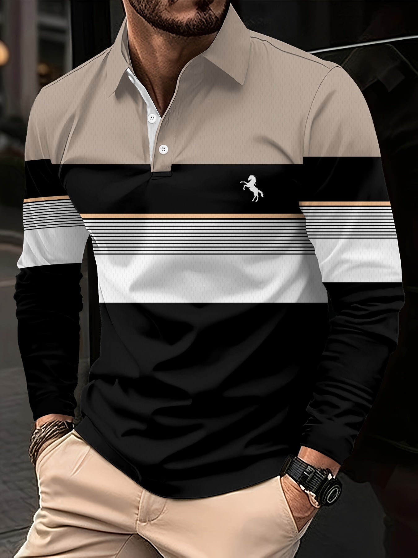 3pcs set • Men's long-sleeved shirt with 3D printed casual golf shirt • Striped design and English logo pattern • Sporty style • Men's long-sleeved shirt