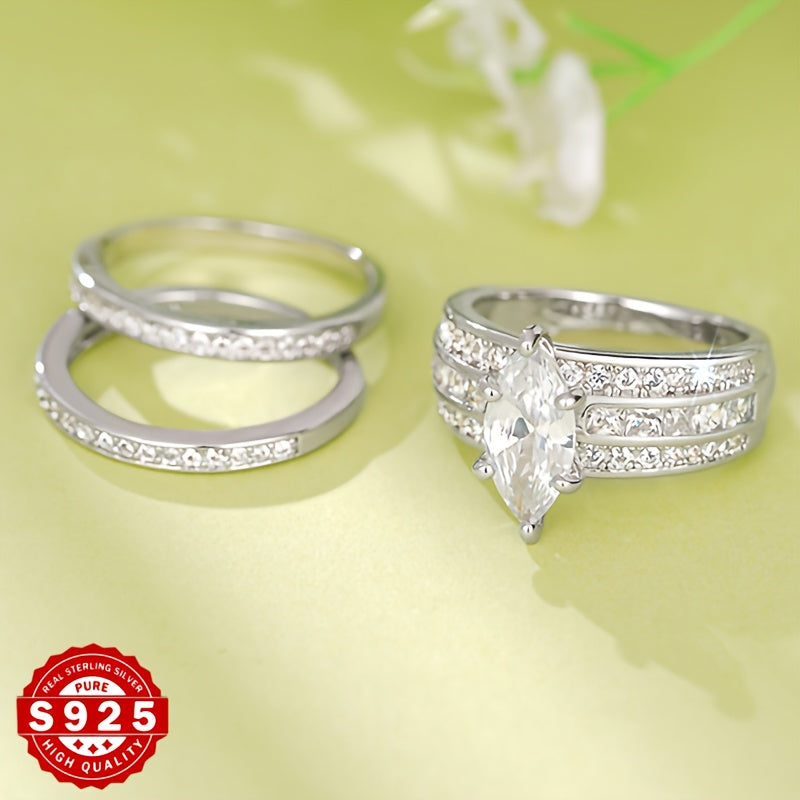 [Luxury Marquise Ring Set] Luxury S925 Silver Marquise Art Design Three-Piece Set Of Rings | Fashion Creative Engagement Wedding, Dating Party, Birthday, Valentine's Day, Holiday Gifts - Exquisite Elegant Light Luxury Daily W