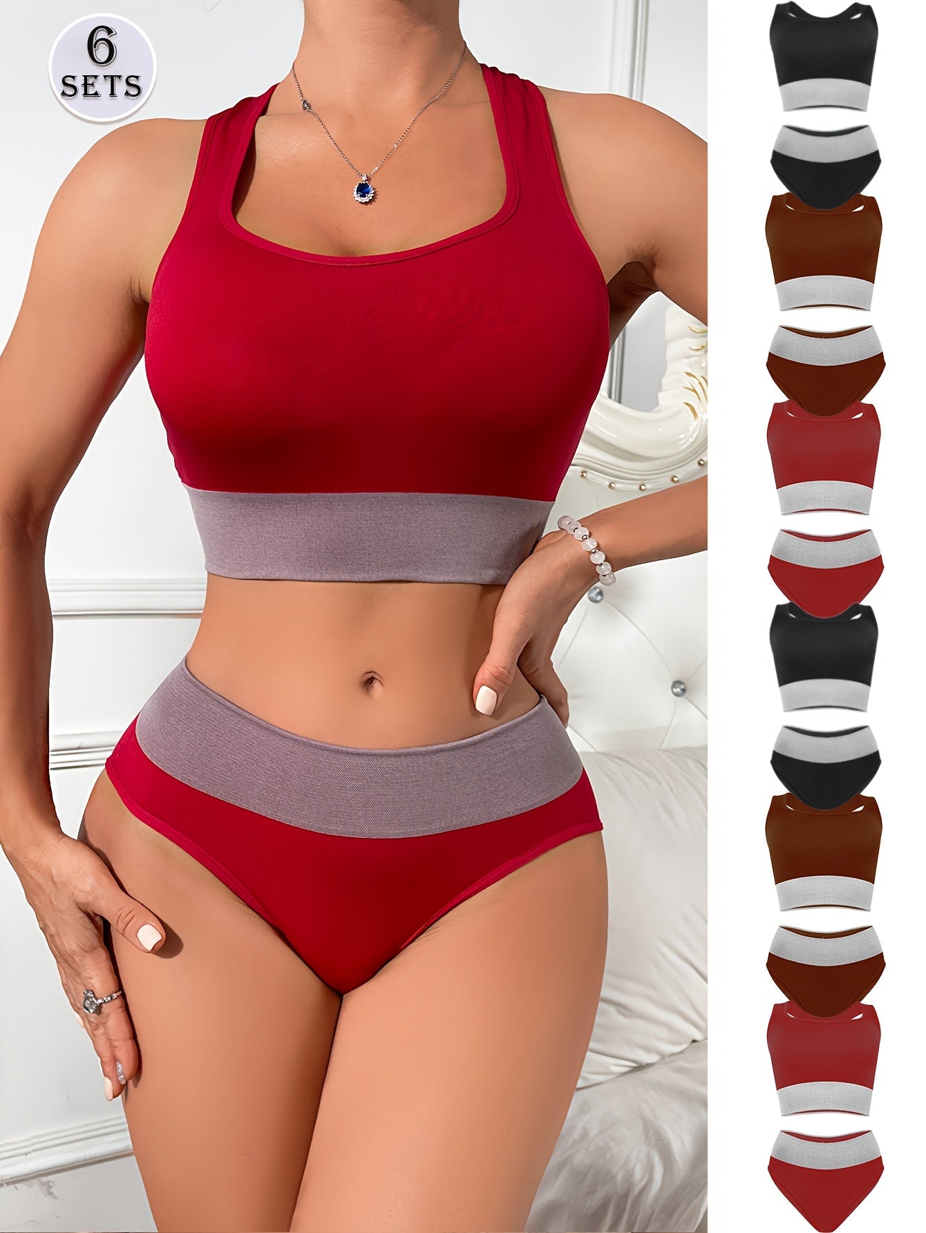 6pcs Ladies Sexy Solid Colour Comfort Bra Set, Mixed 3 Colours Fashion Clash Soft Breathable Bra Set, Wireless Push Up & Lifting Sports Bra & Low Waist Hip Wrap Panties, Suitable For Daily And Sports Wear