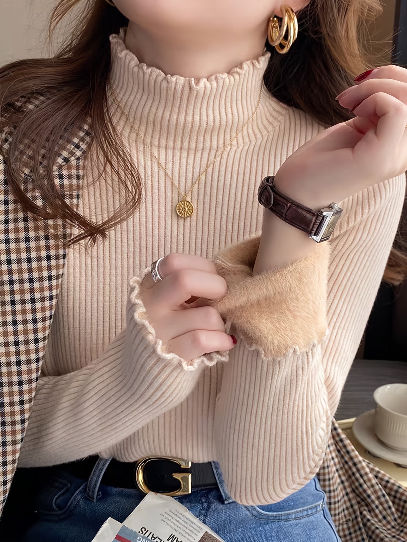 Solid Color Autumn Winter Early Spring Half High Neck Ruffle Fleece Lined Knit Sweater