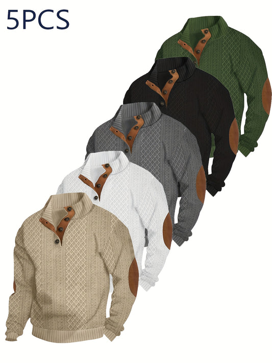 5pcs Men'S Stand-up Collar Button- Fashion Sweater Set, Comfortable and Warm Autumn/Winter Apparel with Elbow Patches Design for Casual Daily Light Business Outfits, Knit