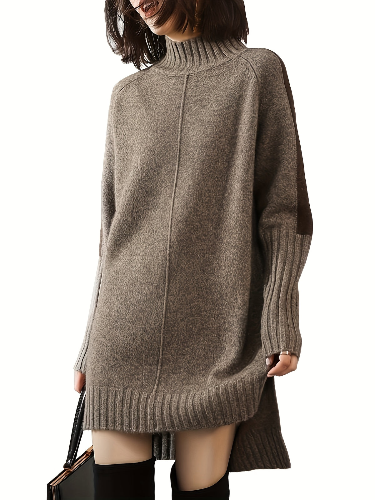 Women's Winter New Loose Elegance Long Sleeves Contrast Color Half Turtleneck Sweater Dresses