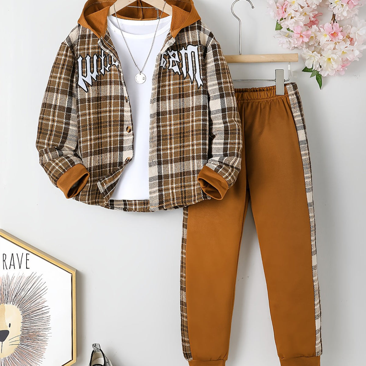 2pcs Boys' Brown/Beige Plaid Oversized Coat & Jogger Set - Winter Warm Casual Outfit with Checkered Pattern, Button Closure & Elastic Waist, Cozy Tweed Jacket and Matching Pants for Casual Attire, School, Outdoor Activities (