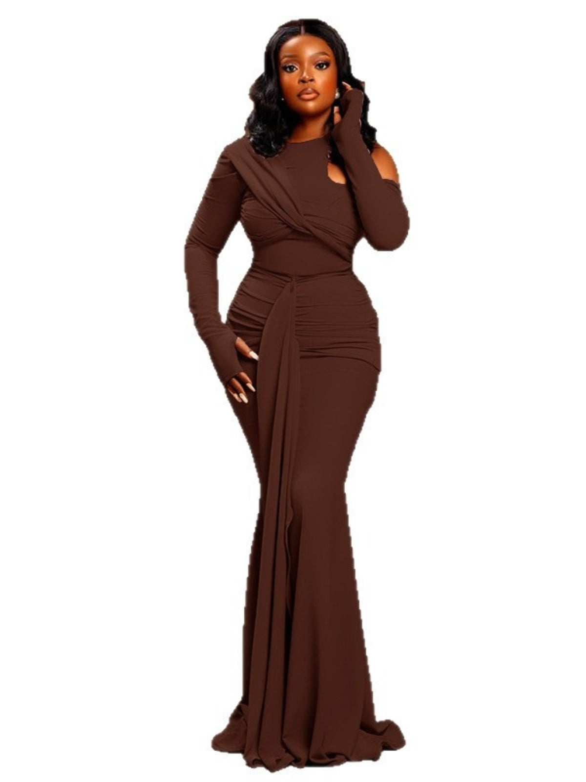 One-shoulder Hollow Strap-on Dress | Solid Color Pleated Round Neck, Hip-Wrapped Slim Long Dress, Party/Commuter Two-Wear Fashion Style, Elegant Bodycon Mermaid Silhouette, Sleeveless, No, Perfect for Spring/Fall - LUCKFOX.