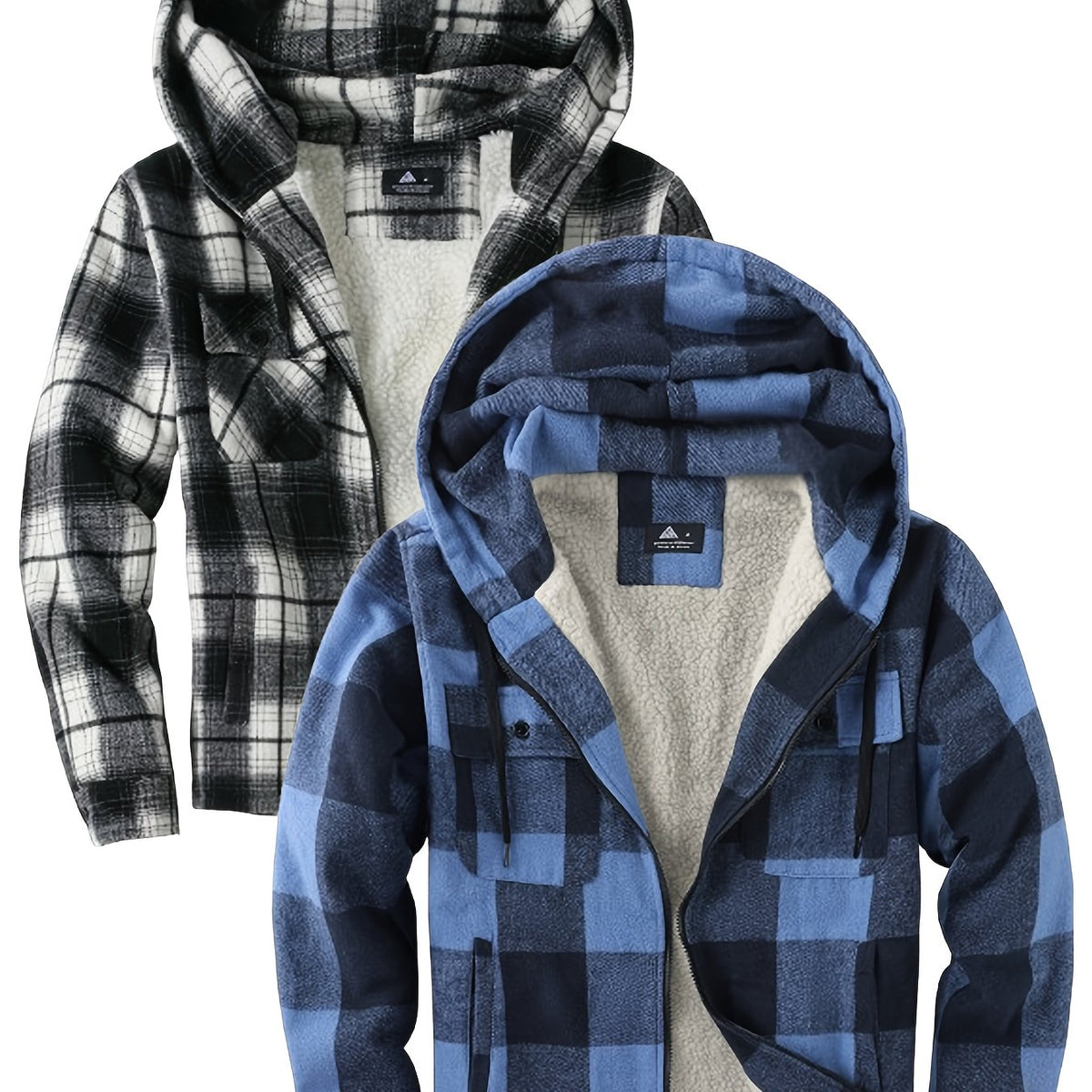 2pcs Men's Heavy Duty Sweater Hooded Jacket - Fully Zipped Thick Snow Mountain Lined Flannel Plaid Shirt with Pockets, Casual Style, Perfect for Fall And Winter, Hooded Collar, Regular Fit, Plaid Pattern, Men's Jacket, Cold W