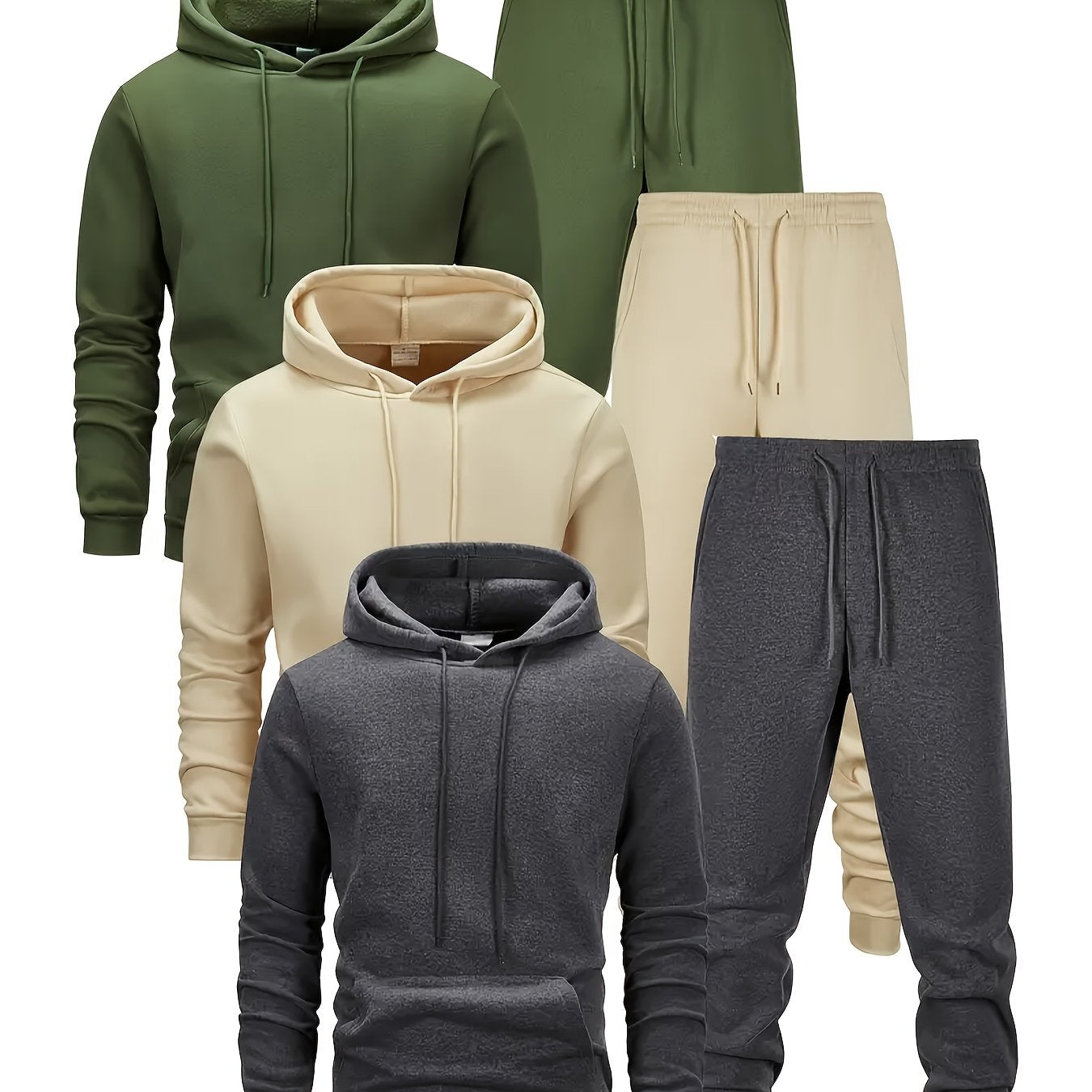 6pcs Men's Solid Color Hooded Sweater & Jogger Pants Matching Tracksuit - Thermal Long Sleeve Athletic Wear, Elastic Waist Gym Suit for Outdoor Training, Yoga,, Casual Winter Spring Fall Outfit (Machine Washable)